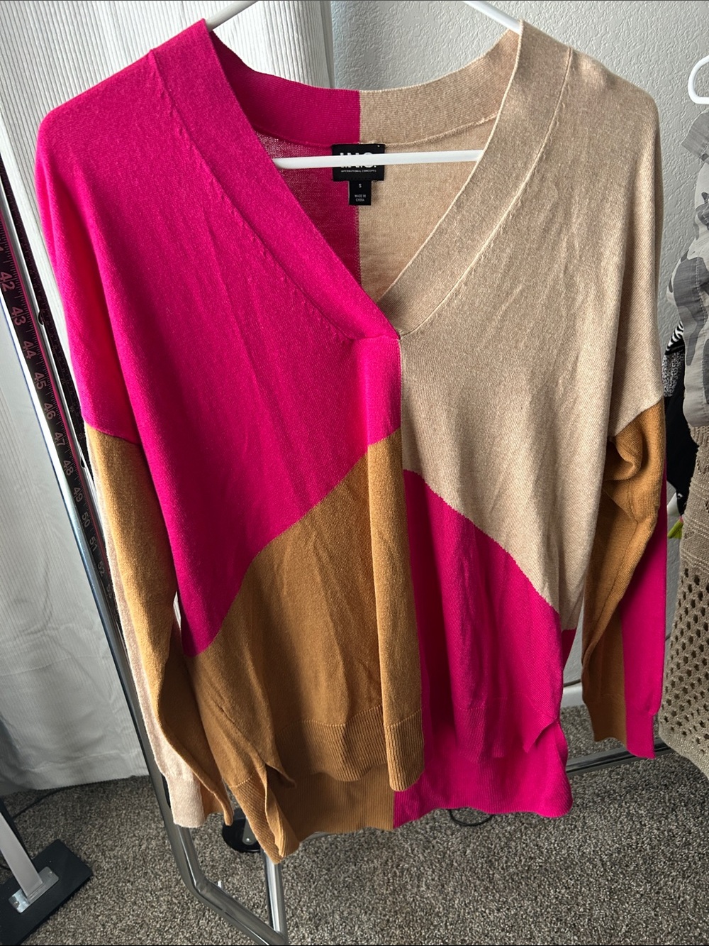 INC International Concepts Colorblock V-Neck Sweater in Fuchsia, Camel & Beige